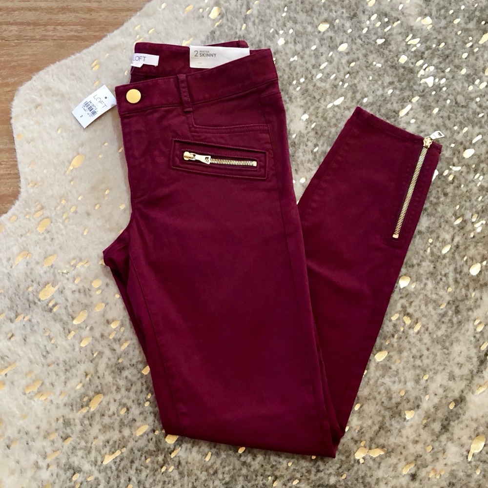 LOFT Red Marisa Fit Skinny Sateen Zip Pants Size 2